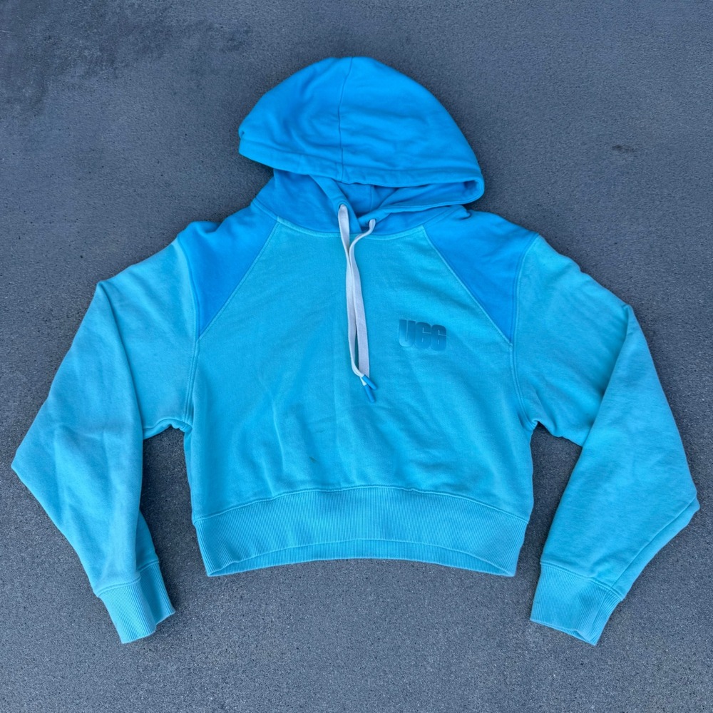 UGG RTW Women XS Blue Cropped Hoodie Two-Tone French Terry Sweatshirt